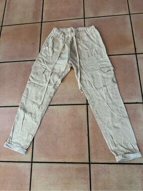 Venti Casual Drawstring Linen Cargo Pants - Cream